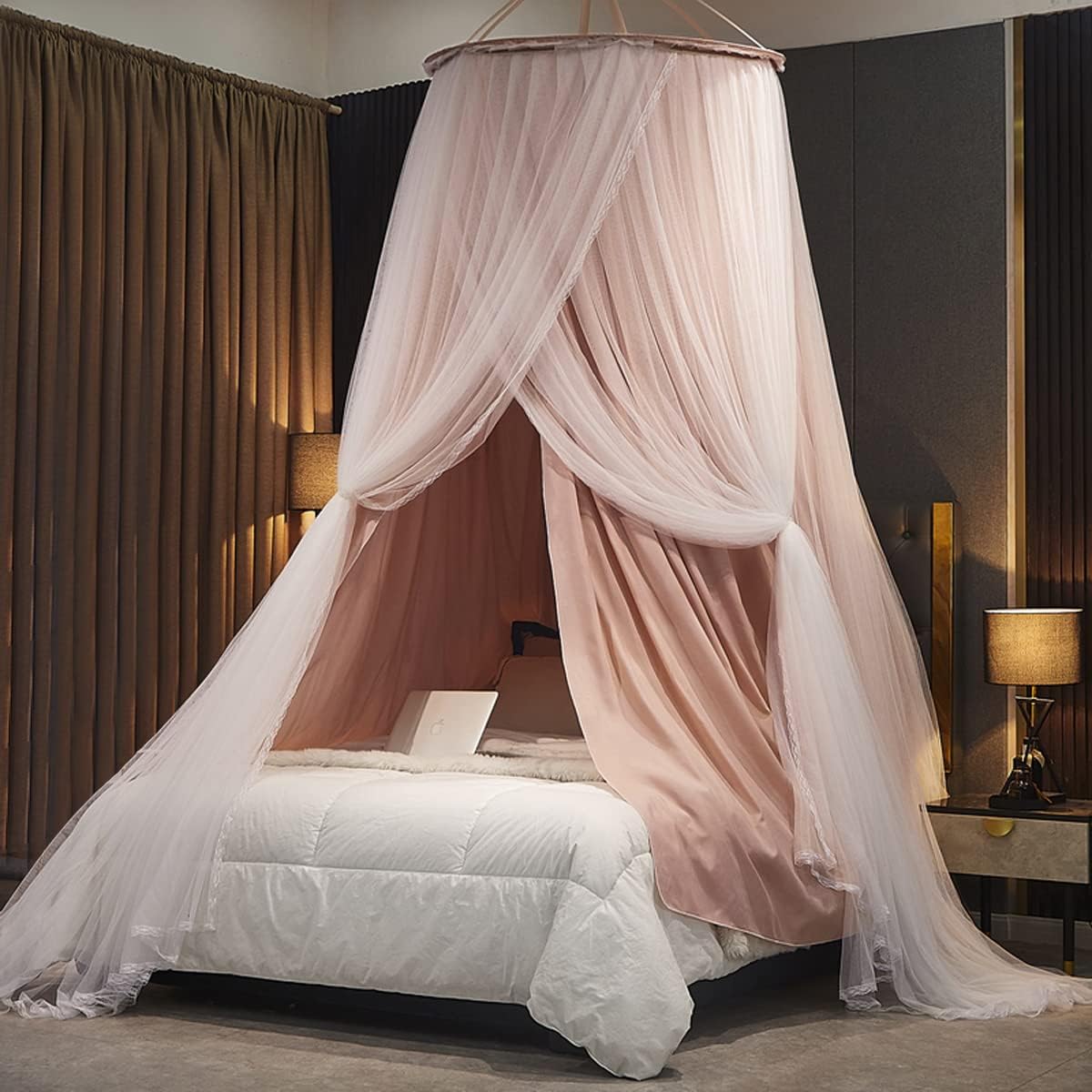 Kertnic Luxurious Bed Canopy for Girls & Adults - Double Layer Princess Canopy with Lace, Round Dome Mosquito Netting for Queen/King Bed Tent (Black) Dormly