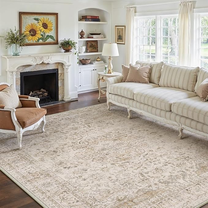 8x10 Washable Beige Area Rug Vintage Living Room Bedroom Carpet Non-Slip Soft Low Pile Distressed Indoor Large Throw Rug for Dining Room Office
