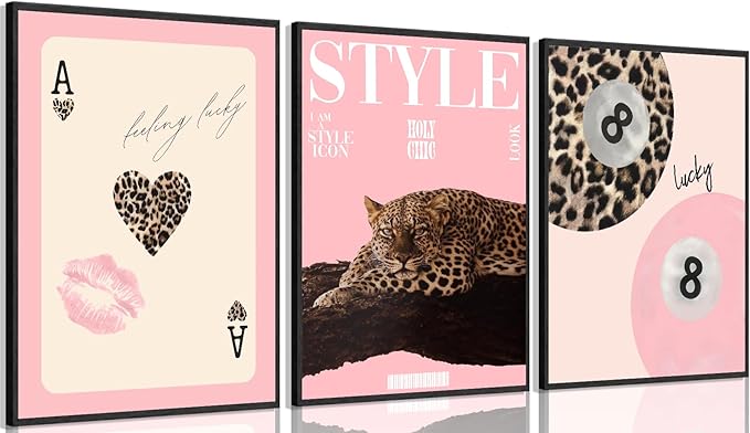 3Pcs Trendy Pink Leopard Wall Art Preppy Leopard Lucky 8 Ball Posters Printings Y2k Coquette Funky Cheetah Aesthetic Room Wall Decor for College Apartment Girls Bedroom Home Decoration 16x24in