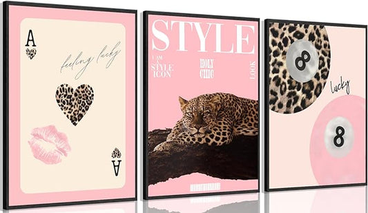 3Pcs Trendy Pink Leopard Wall Art Preppy Leopard Lucky 8 Ball Posters Printings Y2k Coquette Funky Cheetah Aesthetic Room Wall Decor for College Apartment Girls Bedroom Home Decoration 12x16in