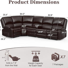 Manual Reclining Sectional Sofa Set, 5 Seats 1+1+3 Leather Reclining Corner Sectional Couch, Family-Sized L-Shaped Recliner Couch with USB Charging, Thickened Padding, Sturdy Frame, Brown
