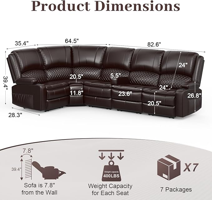 Manual Reclining Sectional Sofa Set, 5 Seats 1+1+3 Leather Reclining Corner Sectional Couch, Family-Sized L-Shaped Recliner Couch with USB Charging, Thickened Padding, Sturdy Frame, Brown