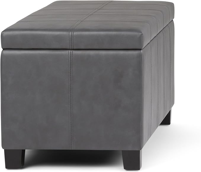 SIMPLIHOME Dover 36 inch Wide Contemporary Rectangle Storage Ottoman Bench in Stone Grey Vegan Faux Leather, Assembled, for the Living Room, Entryway and Family Room