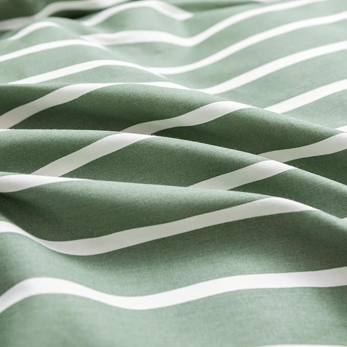 JELLYMONI Queen Duvet Cover Set, Cotton Duvet Cover 3 Pieces with Zipper Closure, 1 Duvet Cover and 2 Pillowcases(Green with White Striped)