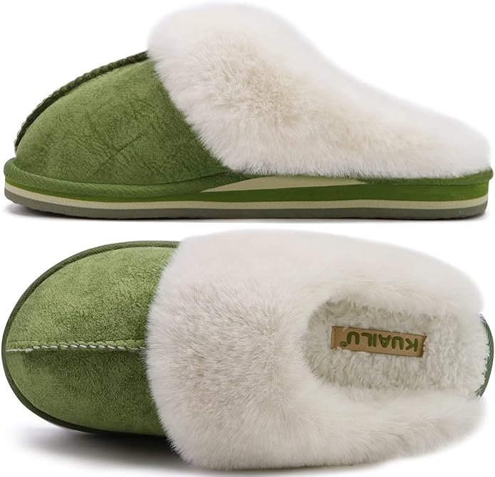 KuaiLu Womens Fluff Dual Memory Foam Slippers Ladies Cozy Arch Support Warm Scuff Slippers Slip on Comfy Winter House Shoes with Non-Slip Indoor Outdoor Hard Sole