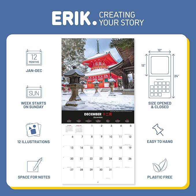Japan Wall Calendar 2026 12" x 12" FSC® Plastic Free - Starts Week On Sunday | Family Planner Travel Calendar 2026