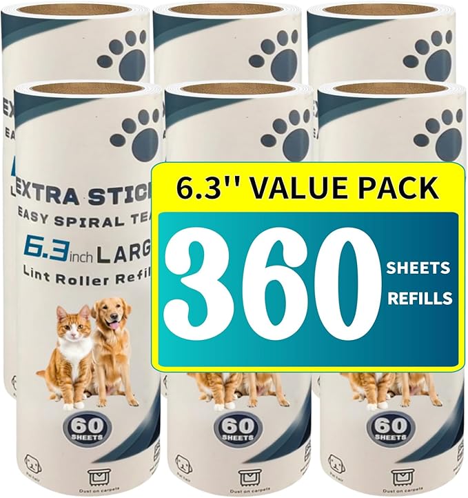 Large Lint Roller Refills for Pet Hair 6.3 Inch 360 Sheets Extra Sticky Fluff Roller Supplement for Cat and Dog Hair Removal Clothes Carpet Couch Floor Remove dust