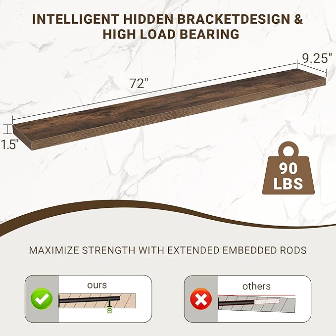 72 Inch Floating Shelves, 3D Textured Wood Grain, 72"x9.25"x1.5" Inch Deep Floating Shelves for Wall, Wooden Shelves for Bathroom, Bedroom, Living Room, Brown, 1 Piece