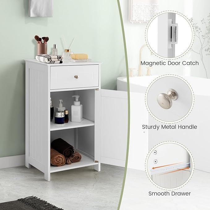 Tangkula Small Bathroom Cabinet for Small Spaces, Freestanding Single Door Bathroom Storage with Adjustable Shelf, Anti-Tipping Device, Smooth Drawer, Floor Cabinet for Living Room
