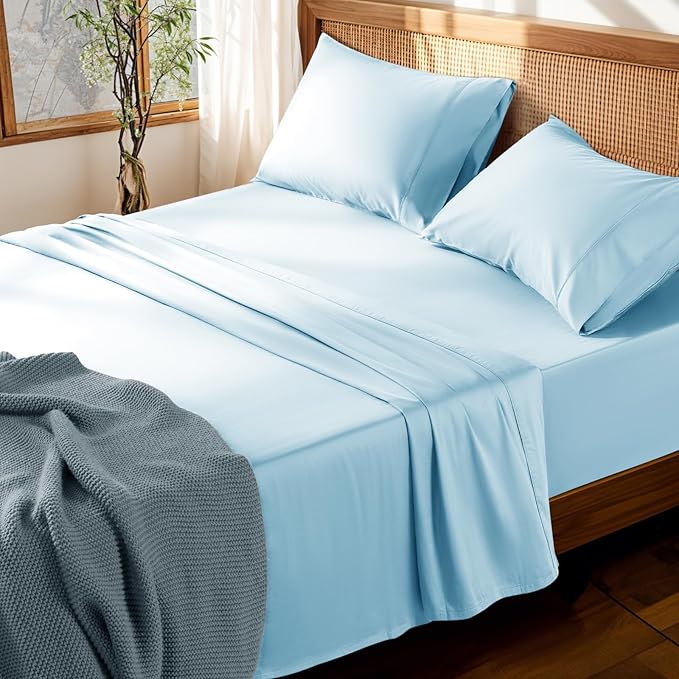 LBRO2M 100% Cotton Sheets Set Deep Pocket 19", 1000 Thread Count Full Size 4 Piece Bed Sheet Sets Soft Comfortable Bedding All Season (Full, Light Blue) LBRO2MBedding