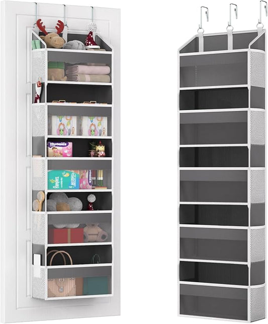 Over the Door Organizer with 5 Front & 10 Mesh Side Pockets, 50LB Capacity Extra Large Hanging Storage Organizer Multi-Room Space-Saving Design with 3 Hook for Closet, Bathroom, Kitchen, Pantry, Grey