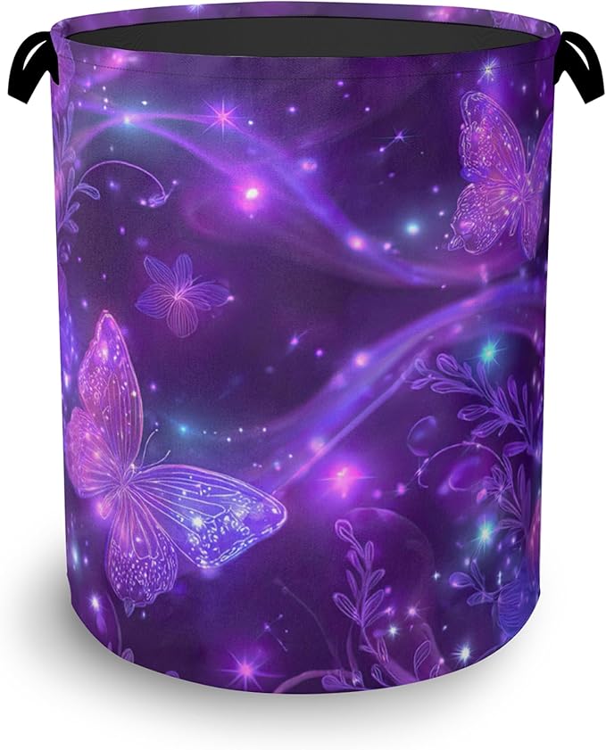 Purple Butterfly Laundry Hamper,Sparkling Dirty Clothes Laundry Basket with Handles Waterproof Oxford Cloth Storage Basket for College Dorms Bathroom Bedroom 16" x 20.8"