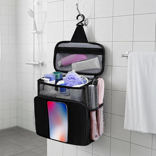 Shower Caddy for Dorm, Portable Hanging Shower Bag with Metal Hook, Oxford Cloth Quick Dry Mesh Organizer for Bathroom Essentials, Phone Pouch, 10.04 x 9.84 x 5.57 in/25.5 cm x 24.99 x 14.15 cm