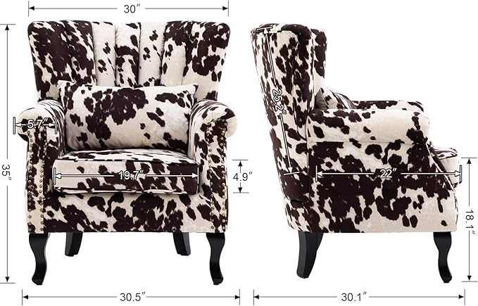 Cow Print Accent Chairs Set of 2 with Arm Comfy Velvet Living Room Chair Mid-Century Modern Wingback Side Chair Single Sofa Couch for Bedroom Guest Room