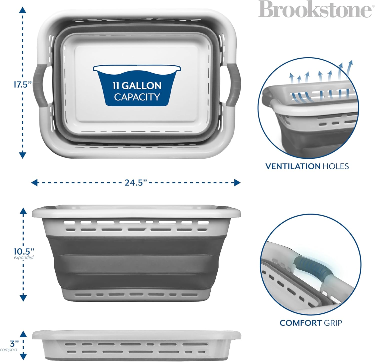 BROOKSTONE 11 GALLON XL 24" Collapsible Laundry Basket & Clothes Hamper, Comfort Non-Slip Handles, Modern Laundry Hamper with Space Saving Design, Portable Pop-Up Hamper, BPA FREE, Light Grey, 1 Pack Dormly