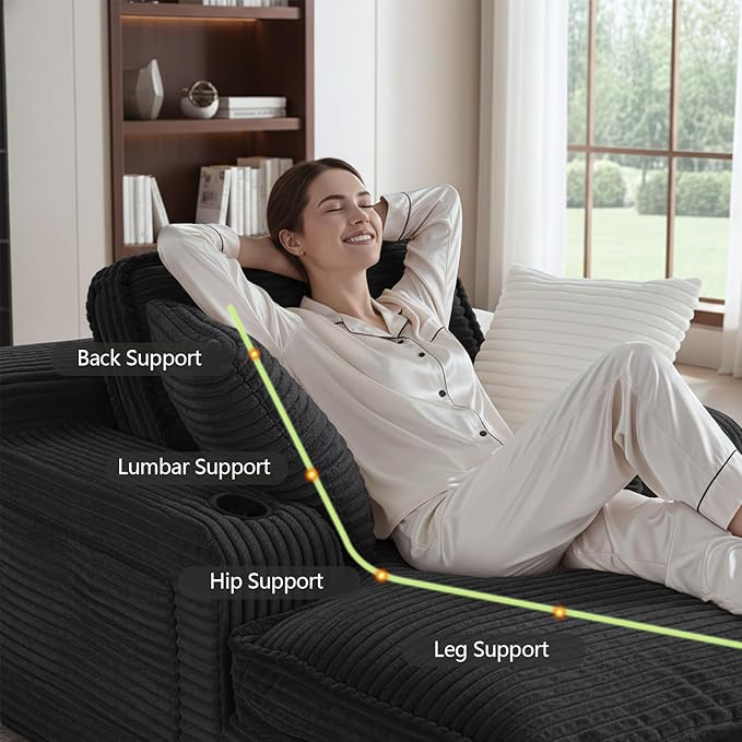 67" Oversized Chaise Lounge Chair Indoor, Soft Boneless Cloud Couch with 3 Pillows, 4 Side Pockets and 2 Cup Holders, Comfy Corduroy Sleeper Couch for Living Room Bedroom, Black