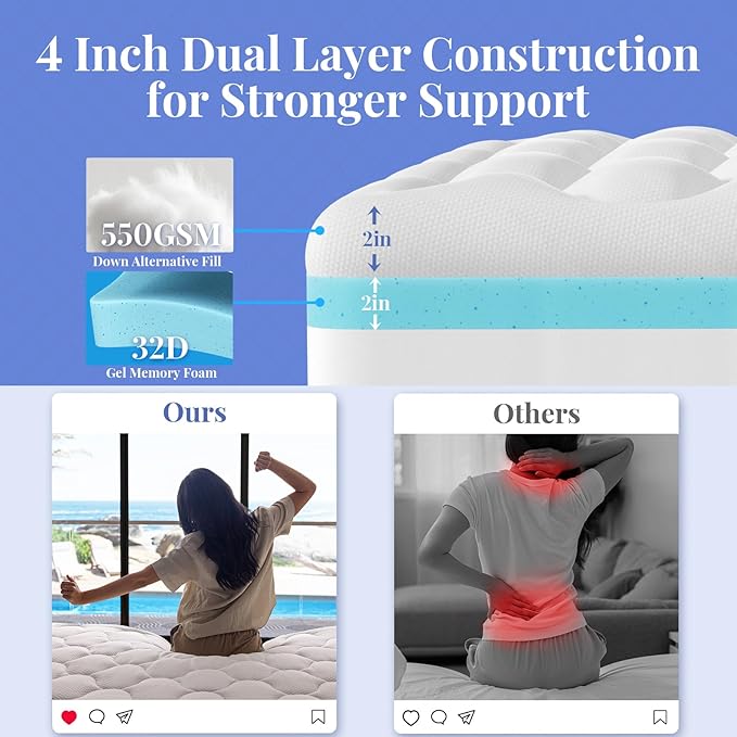 OhGeni Cooling 4 Inch Full Size Dual Layer Mattress Topper, 2 Inch Gel Memory Foam, 2 Inch Soft Pillow Top Pad, Bedroom Essentials Mattresses Cover, Extra Comfortable Sleep and Back Pain Relief