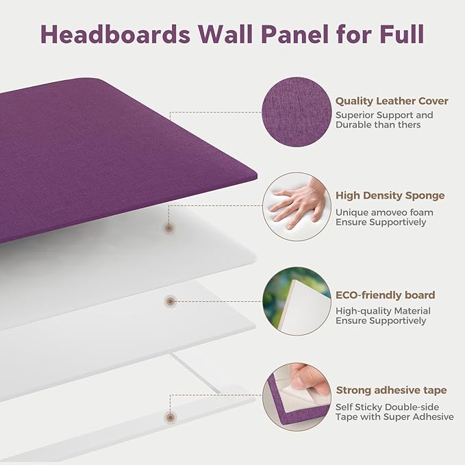 12-Piece Purple Linen Upholstered Headboard King Size Set, Wall Mounted Panels & Headboard, Dramatic Fabric Feature Wall for Bedroom