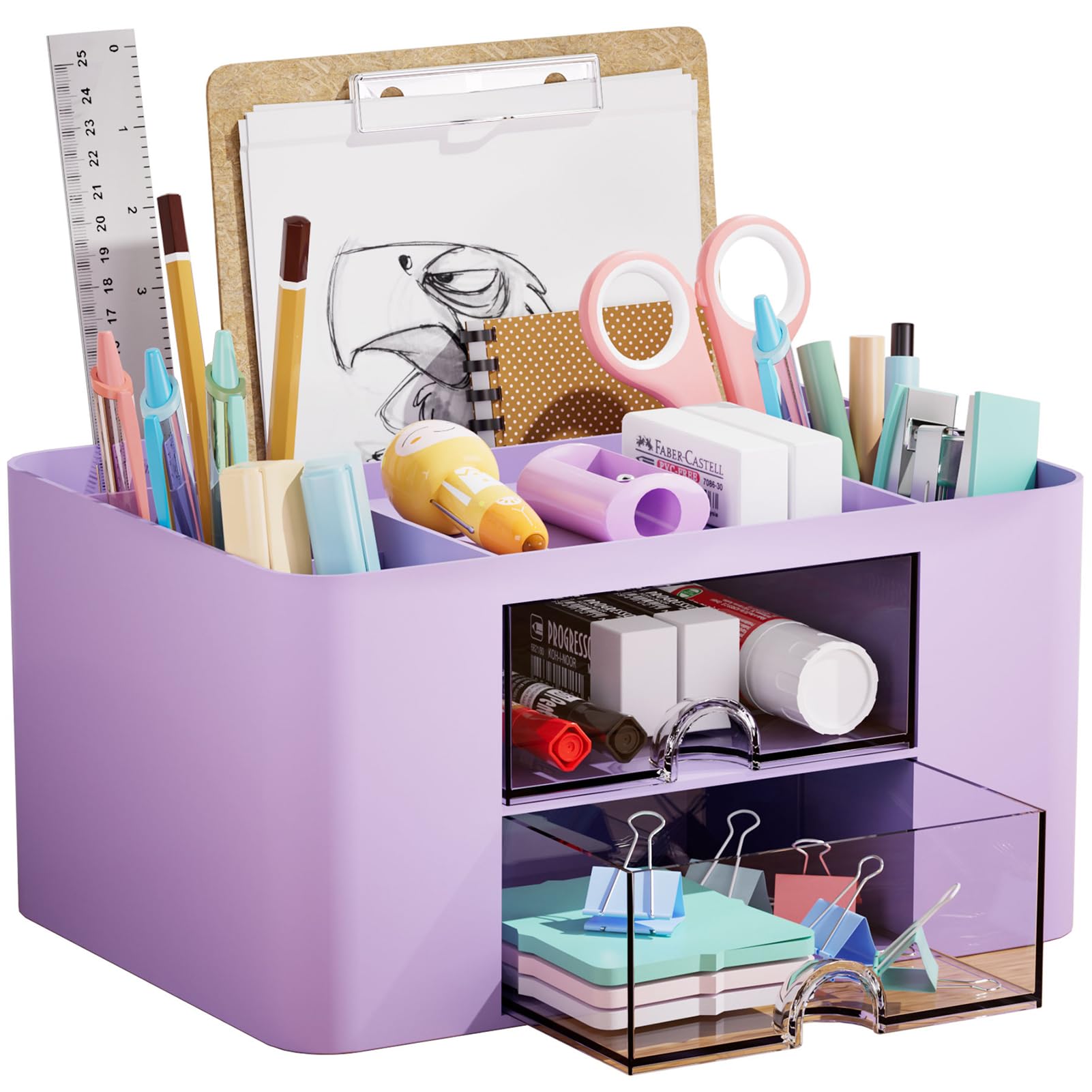 Marbrasse Pen Organizer with 2 Drawer, Multi-Functional Pencil Holder for Desk, Desk Organizers and Accessories with 5 Compartments + Drawer for Office Art Supplies (Blue) Dormly