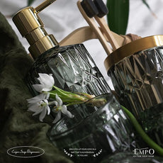EMPO 6PCS Bathroom Clear Glass Accessories Set (Lotion Soap Dispenser, Soap Dish, Toothbrush Holder, Tumbler, Cotton Swab Jar), Contemporary Modern Decor Crystal Vintage Gift (6pcs Green)