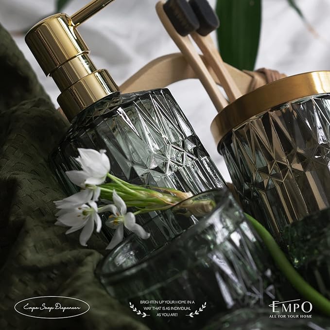 EMPO 6PCS Bathroom Clear Glass Accessories Set (Lotion Soap Dispenser, Soap Dish, Toothbrush Holder, Tumbler, Cotton Swab Jar), Contemporary Modern Decor Crystal Vintage Gift (6pcs Green)