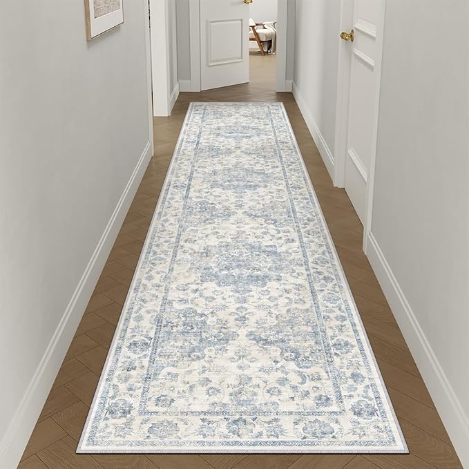 2x10 Washable Neutral Runner Rug Blue Vintage Hallway Kitchen Carpet Non-Slip Soft Low Pile Floral Throw Rug for Bedroom Bathroom Laundry Living Room