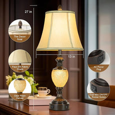 27'' High Vintage Table Lamp Set of 2 for Living Room Farmhouse Bedside Lamp with Fabric Shades Boho Nightstand Lamp with USB and Nightlight for Bedroom Home Office Hotel Bar (Bulb Included)