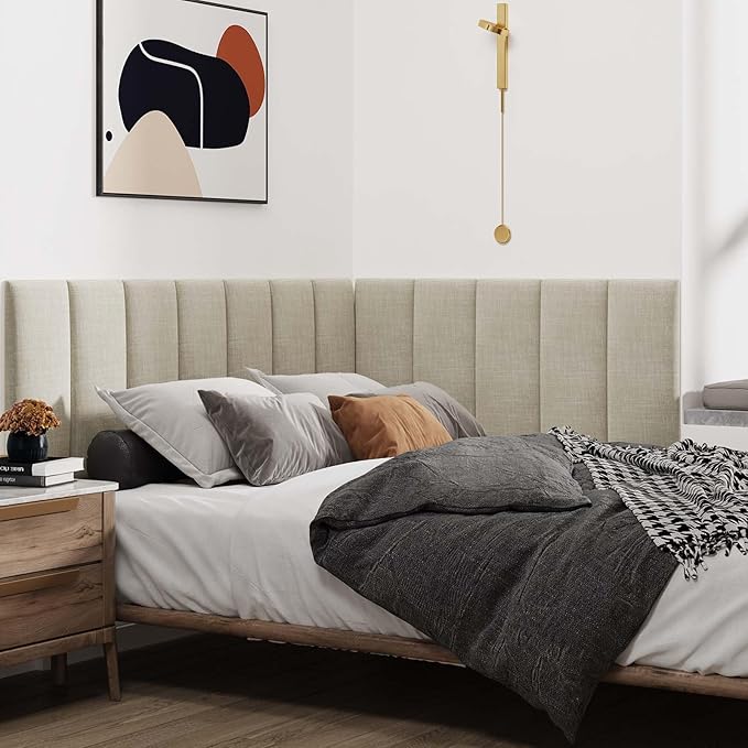 IFNOW Upholstered Wall Mounted Headboard, 3D Soundproof Wall Panels Peel and Stick, Reusable and Removable Tufted Bed Headboard in Beige (12 Panels, 10" x 24")