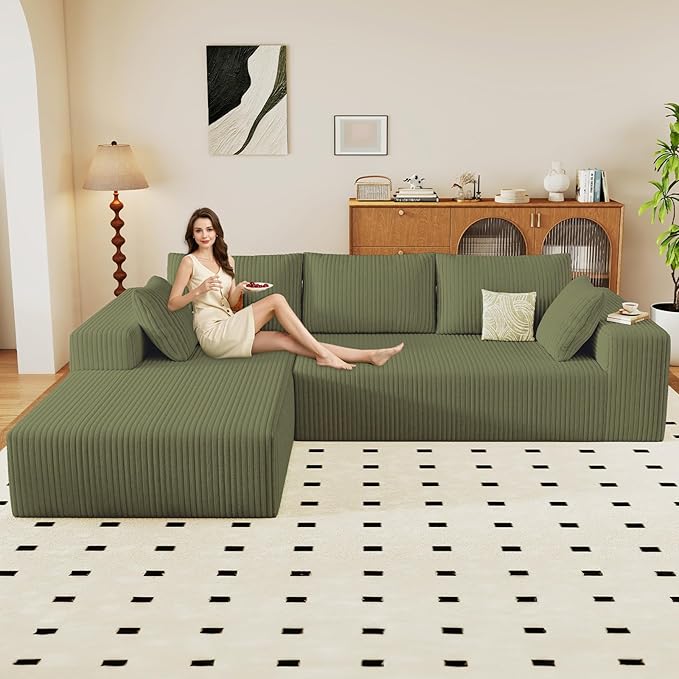 96" Modular Sectional Couch, Boneless L Shaped Cloud Sofa with Chaise Lounge, Corduroy Upholstered Couches Memory Foam Deep Seat, No Assembly Required, Ideal for Living Room(Green, Left Facing)