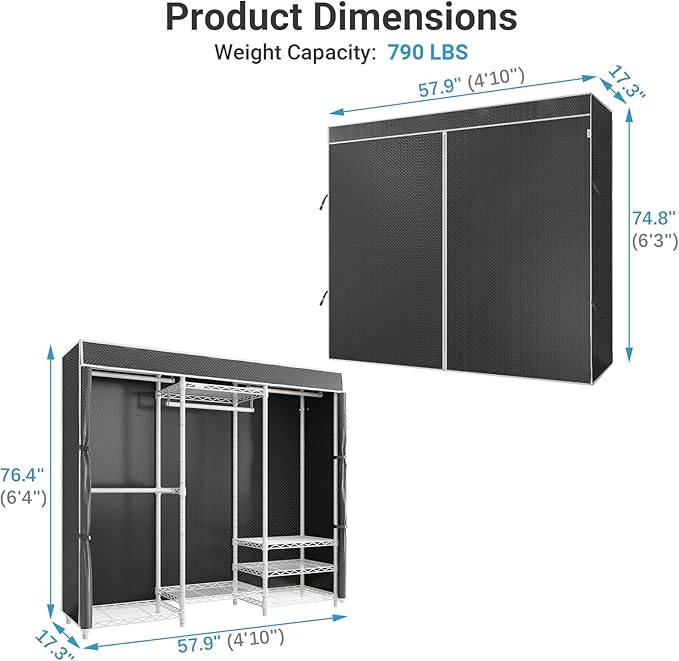 VIPEK V5C Medium Covered Clothes Rack Heavy Duty Portable Closet Wardrobe, Freestanding White Clothing Rack with Grey Upgarded Polyester Cover, Adjustable Custom Closet Rack, 57.9" Lx17.3 Wx76.4 H