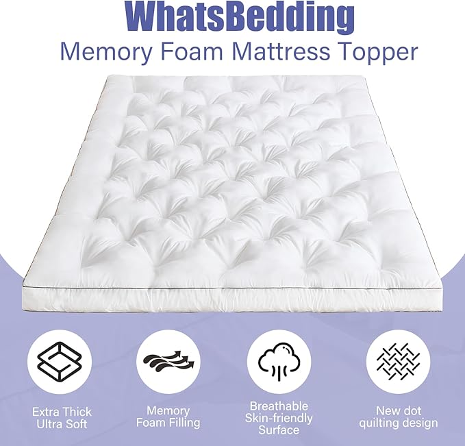WhatsBedding 4 Inch Memory Foam Mattress Topper King for Back Pain Relief, Filled with Breathable Memory Foam, Soft Fluffy Supportive Bed Mattress Topper, 80x78x4 in