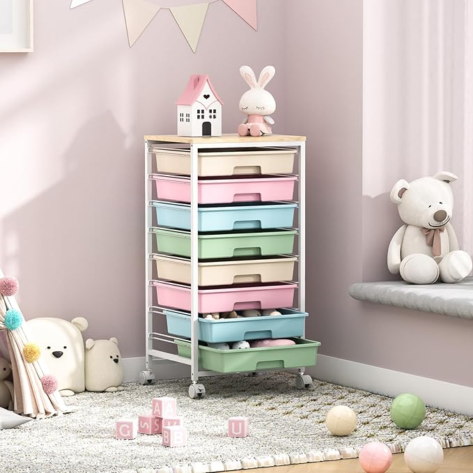Rolling Storage Cart with Drawers,Utility Cart With 8 Drawers and Wooden Tabletop,Rolling Drawer Cart,Storage Drawer Cart for Living Room,Classroom,Bedroom,Bathroom,Dorm,Office,Rainbow