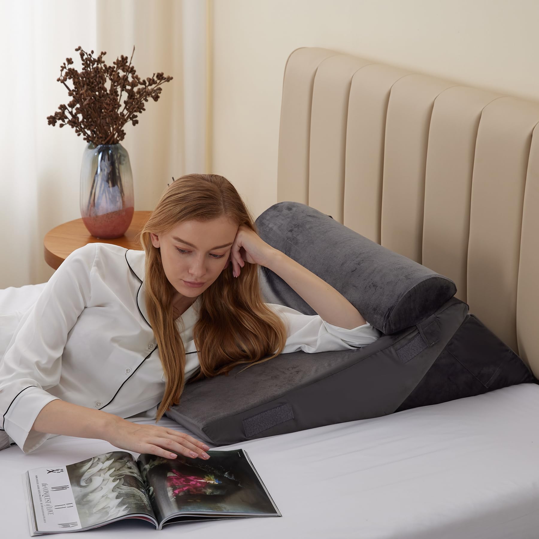 Bedluxe Wedge Pillow Headboard, 3PCS Orthopedic Bed Wedge Pillows Set for After Surgery, Adjustable Pillow Wedge for Acid Reflux&Back Pain Relief, Sleeping, Back Pillow for Bed Sitting Up, White/Grey Dormly