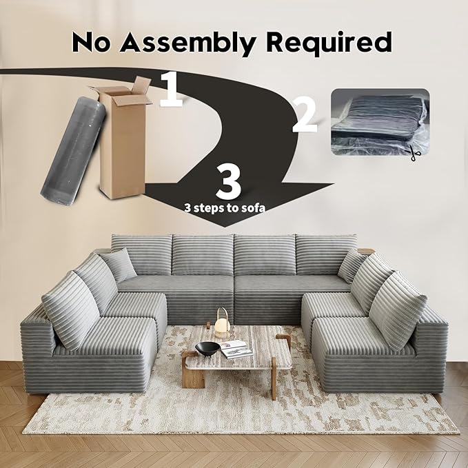 139.4" Modular Sectional Sofa Couch, Oversized U-Shaped Minimalist Couches with 4 Middle Seats Chaise, Modern Deep Seat Cloud Plush Corduroy Sofas Set for Living Room, 8 Seater, Grey