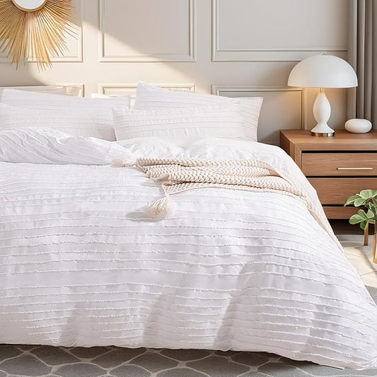 NEXHOME PRO California King Duvet Cover, White 3 Pieces Boho Tufted Duvet Cover Set, Soft and Lightweight Microfiber Comforter Cover Set for All Season (White Cal King, 104 x 98)-No Comforter