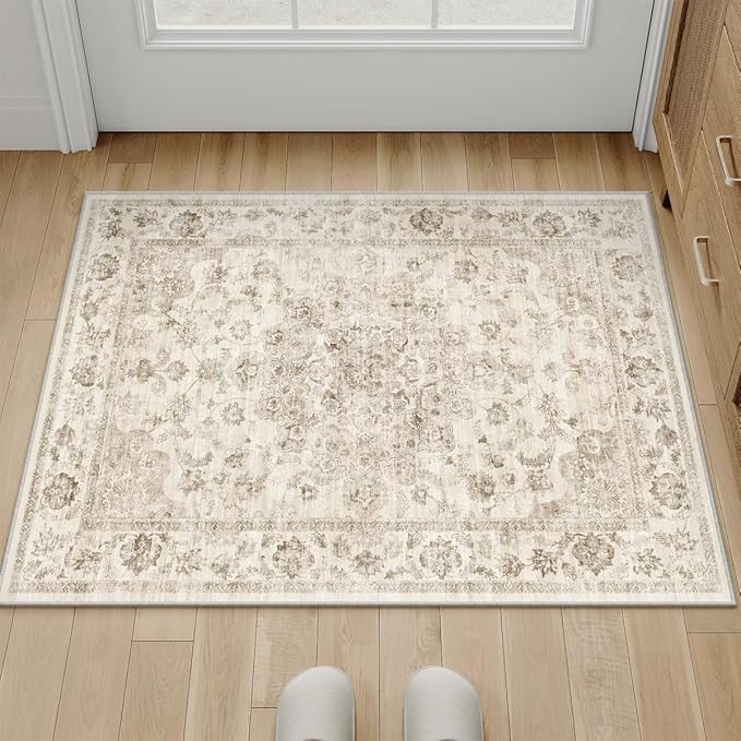 2x3 Washable Neutral Area Rug Beige Vintage Entryway Kitchen Carpet Non-Slip Soft Low Pile Floral Indoor Small Throw Rug for Bedroom Bathroom Entrance