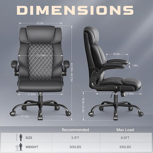Office Chair, Ergonomic Big and Tall Executive Desk Chair, Breathable Leather Chair with Adjustable Flip-up Armrests, Lumbar Support Swivel Computer Chair with Rocking Function(Black)