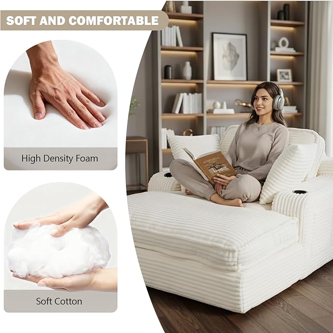 67" Oversized Chaise Lounge Chair Indoor, Soft Boneless Cloud Couch with 3 Pillows, 4 Side Pockets and 2 Cup Holders, Comfy Corduroy Sleeper Couch for Living Room Bedroom, Beige