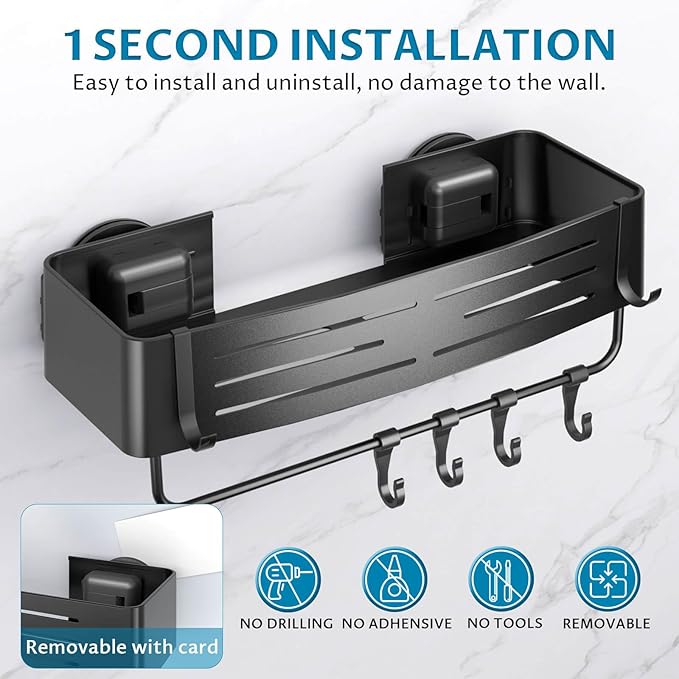 Onemake Suction Cup Shower Caddy, Suction Shower Shelf with Portable Hooks, Bath Organizer with Towel Bar for Bathroom Storage(Matte Black)
