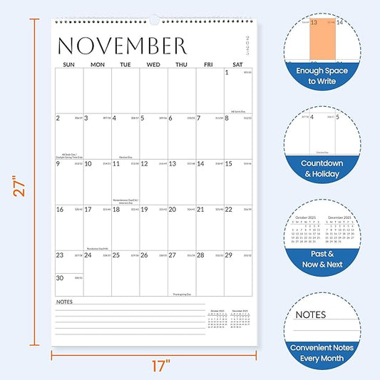 SUNEE Wall Calendar 2026 Extra Large 17"x27", 21 Month from October 2025 to June 2027, Vertical Large Monthly Calendar 2026-2027 for Wall, White