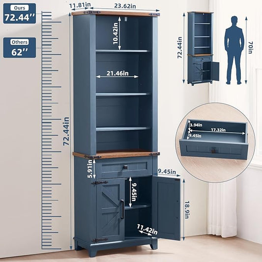72in Tall Bookshelf 7 Tier Bookcase with Drawer and Barn Doors and Adjustable Shelves, Blue Farmhouse Book Shelf with Storage Cabinet, Wood Freestanding Display Bookshelves for Living Room