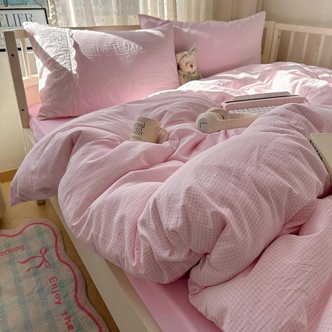 mixinni Pink White Gingham Duvet Cover Twin XL Size - 3 Piece Cottagecore Plaid Bedding Set with Lace Trim, Soft Washed Microfiber Vintage Aesthetic Grid Comforter Cover & Pillow Shams