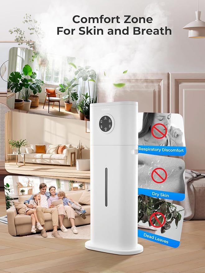 Humidifier for Large Room Home, 12L/3.17Gal Top Fill Cool Mist Ultrasonic Floor Quiet Humidifiers for Baby and Plants with Customized Humidity, Timer, Sleep Mode, Auto Shut Off, Quiet, White