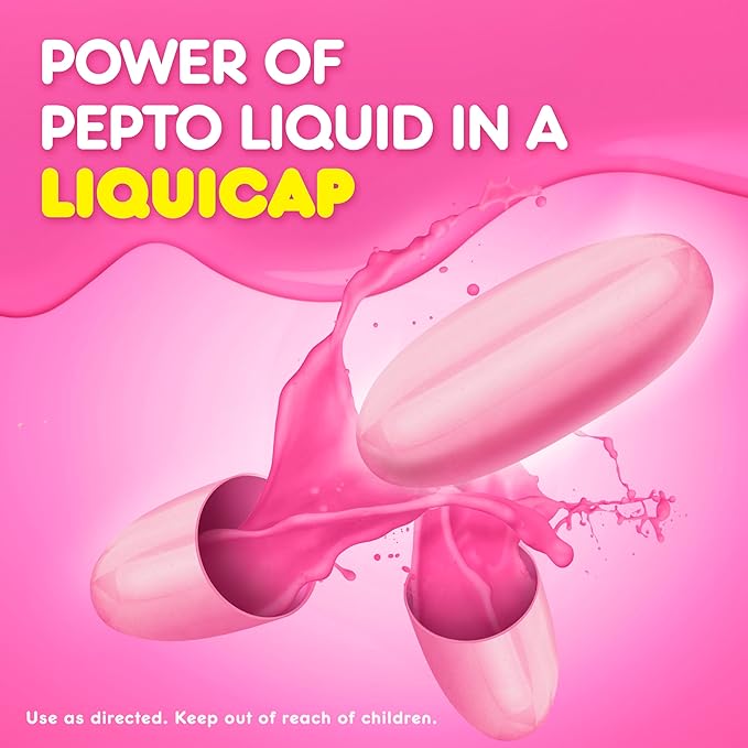 Pepto Bismol Liquicaps, Upset Stomach Relief, Nausea Relief, Heartburn Relief, Indigestion Relief, Anti Diarrhea Medication for Adults - 5 Symptom Fast Relief, No Flavor, 48 ct