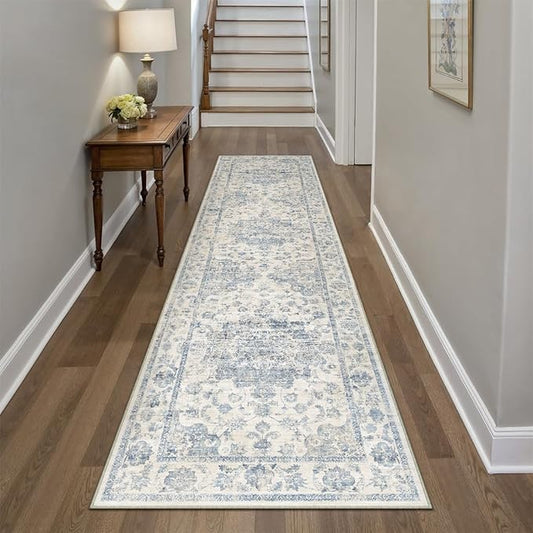 3x8 Washable Neutral Runner Rug Blue Vintage Hallway Kitchen Carpet Non-Slip Soft Low Pile Floral Throw Rug for Bedroom Bathroom Laundry Living Room