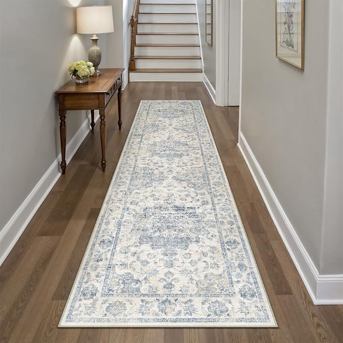2x10 Washable Neutral Runner Rug Blue Vintage Hallway Kitchen Carpet Non-Slip Soft Low Pile Floral Throw Rug for Bedroom Bathroom Laundry Living Room