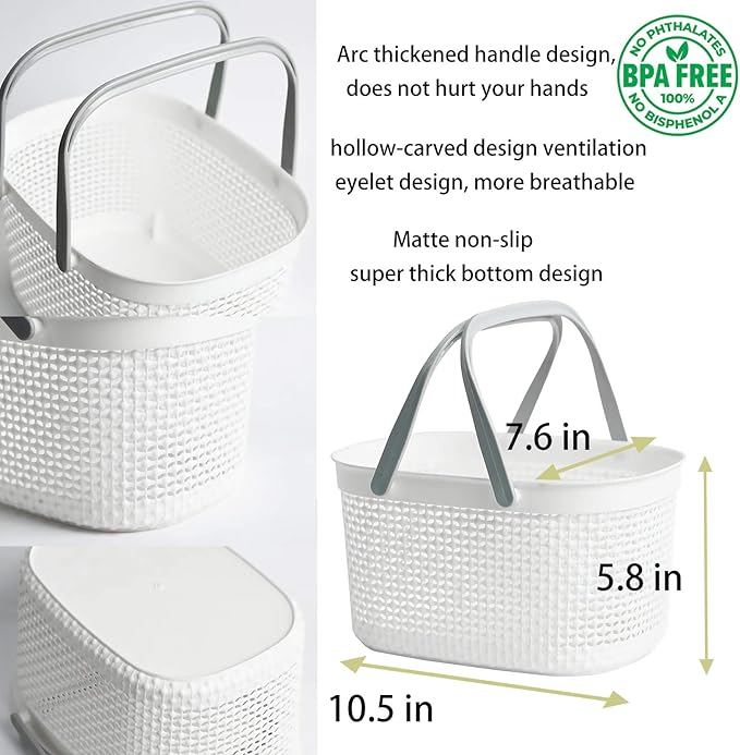 rejomiik Portable Shower Caddy Basket, Plastic Organizer Storage Tote with Handles for Bathroom, College Dorm, Kitchen, White