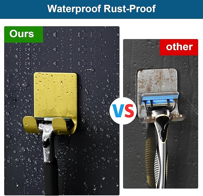 Diesisa Razor Holder for Shower + Adhesive Wall Hooks, Premium 304 Stainless Steel Shower Razor Holder with Heavy Duty Waterproof Sticky Hooks for Hanging Towels, Coat, hat (2+2 Pack)-Gold