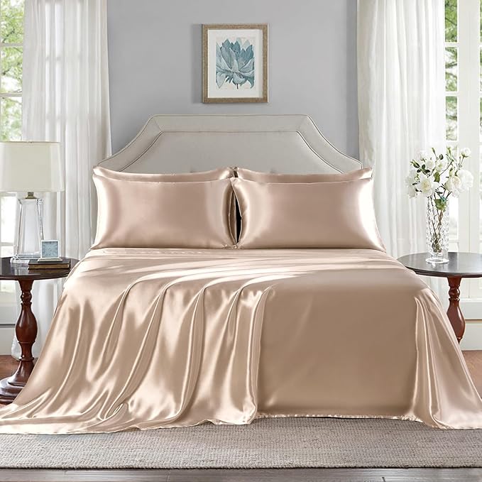 Satin Sheets Queen Size - 6 Pieces Luxury Silky Soft Bed Sheets, Wrinkle-Free Champagne Satin Silk Sheet Set with 1 Deep Pocket Fitted Sheet, 1 Flat Sheet, 4 Pillow Cases