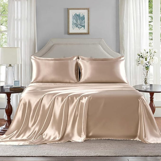 Satin Sheets King Size - 6 Pieces Luxury Silky Soft Bed Sheets, Wrinkle-Free Champagne Satin Silk Sheet Set with 1 Deep Pocket Fitted Sheet, 1 Flat Sheet, 4 Pillow Cases
